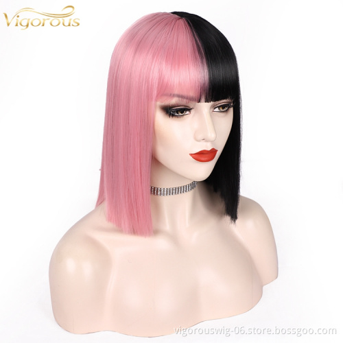 Black And Pink Girl's Colorful Hair Short Straight Wave Wigs With Bangs For Women Synthetic None Lace Bob Wig Shoulder Length